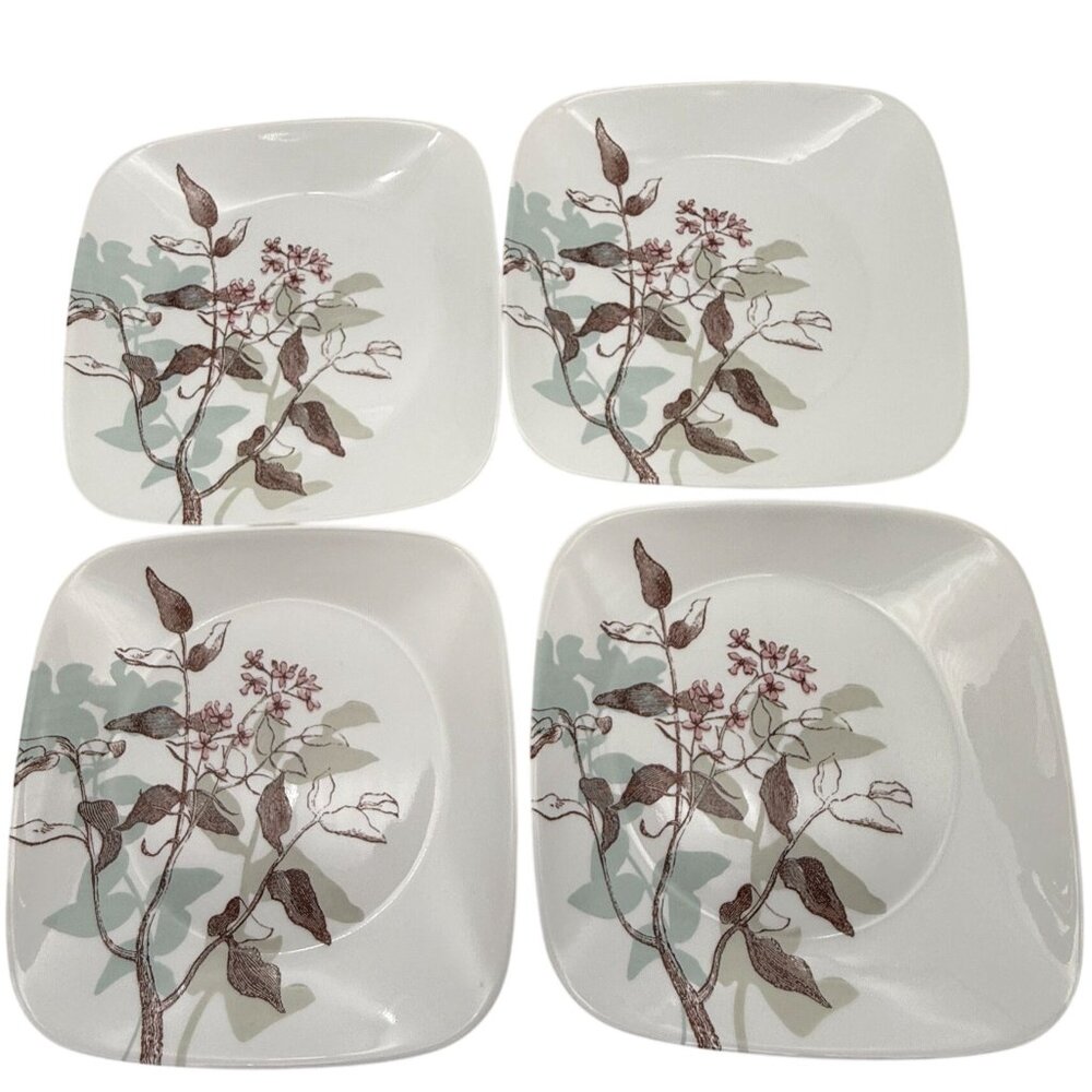Corelle Twilight Grove Set 4 Square Luncheon Plates Green Floral Leaf USA 9 In - Picture 3 of 7